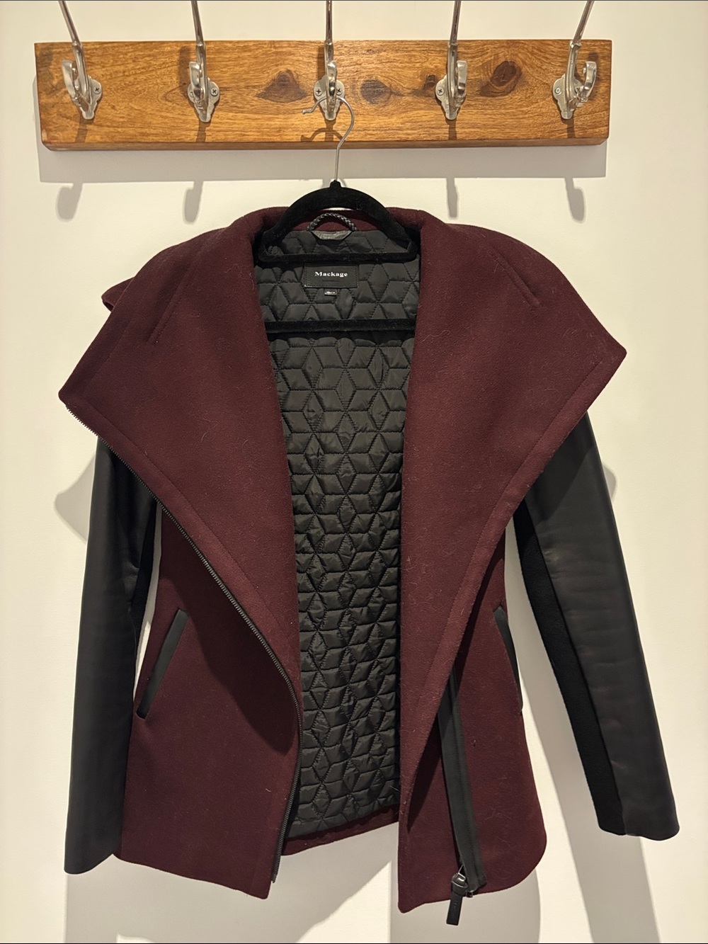 Mackage Burgundy Wool Coat with Black Leather Sleeves